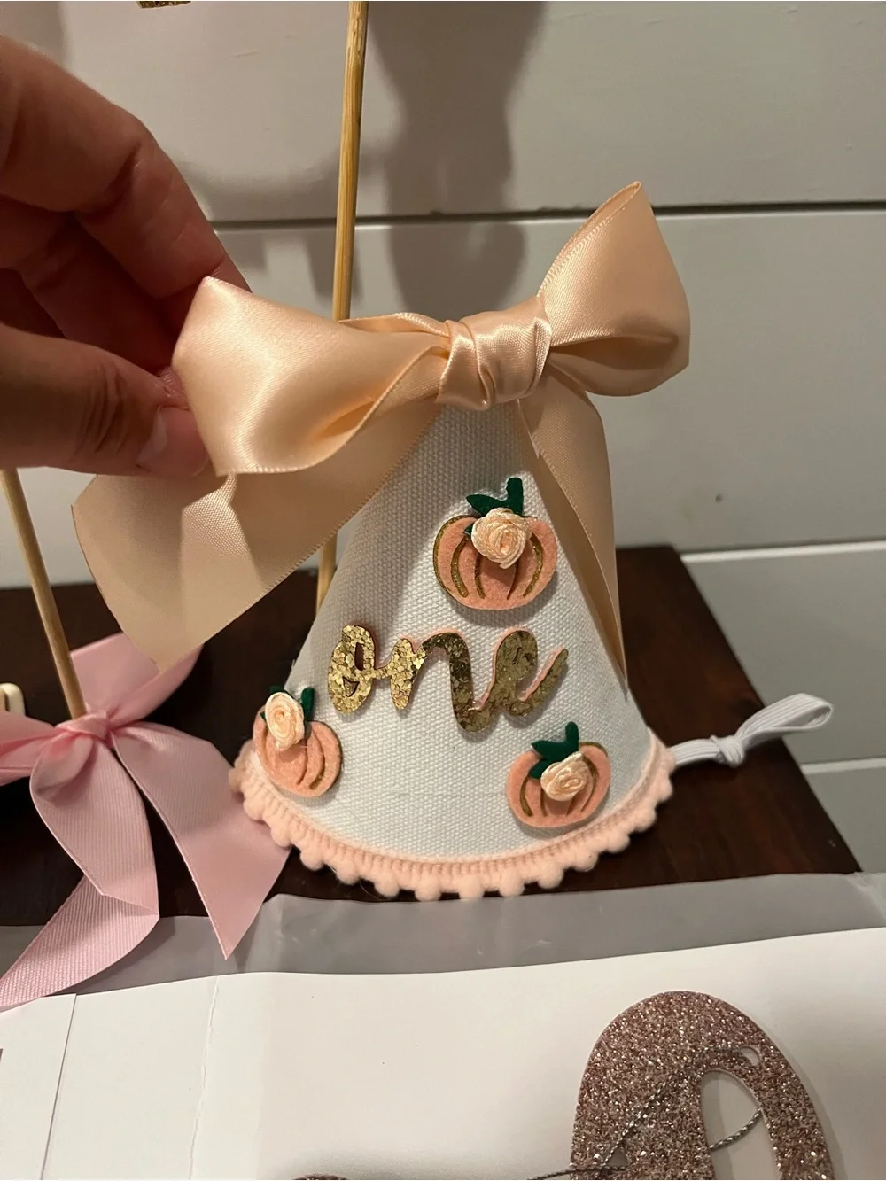 One First Birthday Party (Pumpkin Theme) Banner and Décor Set - Pink and Gold